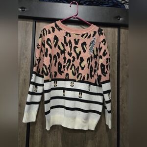 NWT Pink Leopard Print Sweater with Stripes Small